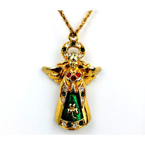Solvar Irish Celtic Clover Angel Necklace Ireland Lucky Rhinestone Green Gold